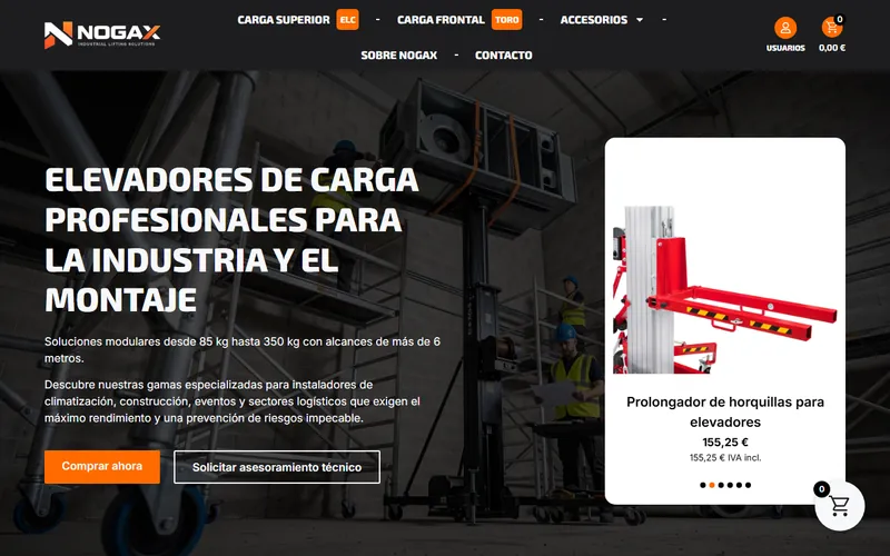 Web de un fabricante de elevadores de carga industriales